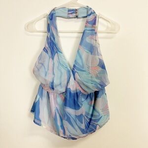 French Connection Top Womens 8 Blue Dalla Baja Halter NWT Sheer Flaw Smocked